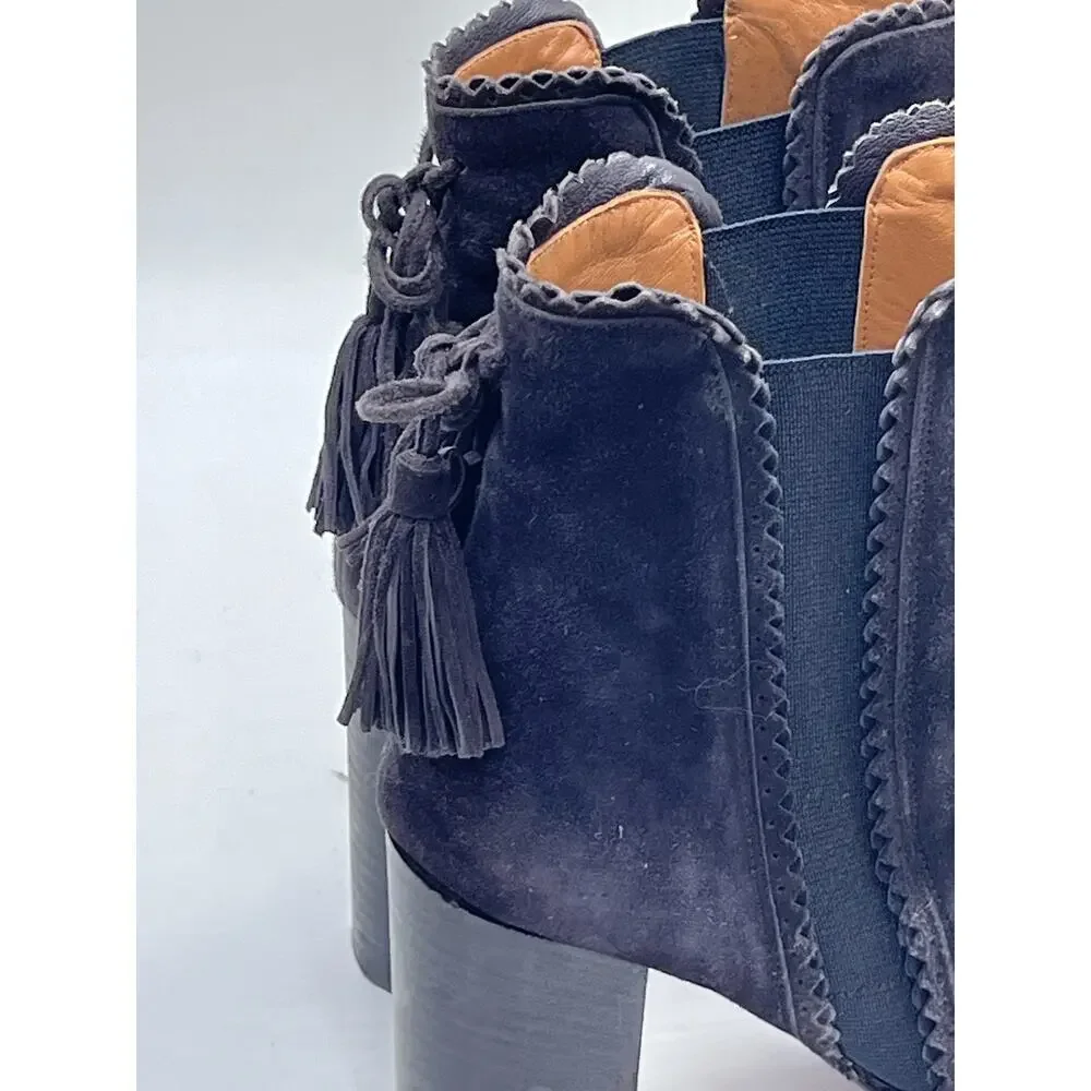 Aquazzura Firenze Black Gray Suede Tristan Fringe Ankle Bootie‎ Tassel 37.5,Sz 7